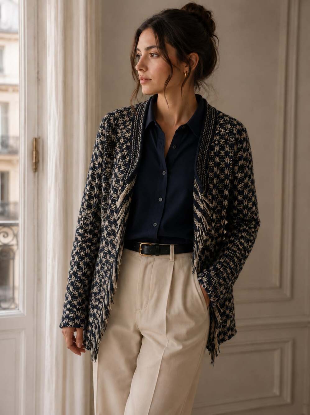 Gerard Darel Paris 100% Cotton Open Front Knit Cardigan Jacket Navy Cream Fringe